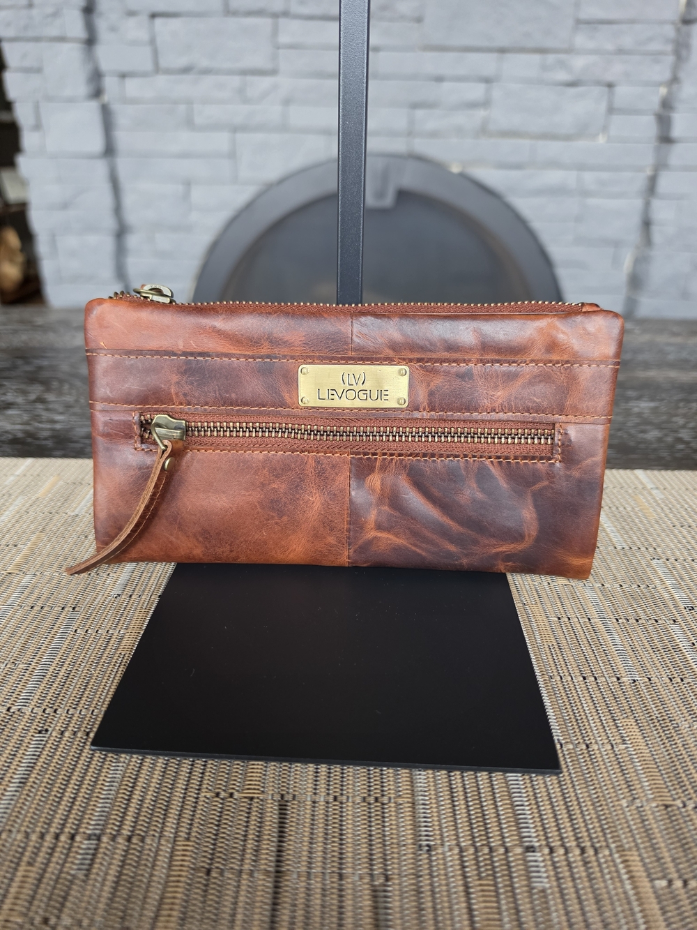 Brown/Cognac Leather Zip Wallet Clutch